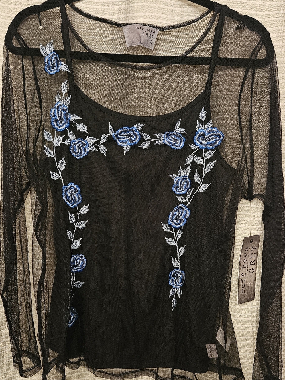 NWT Ruff Hewn Mesh Top with Blue Rose Embroidery